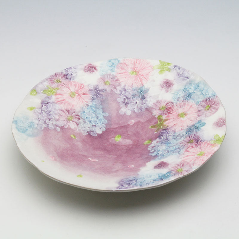 "Shikisai-ka" Hand-Painted Floral Serving Plate (Seto Ware)